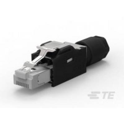 An RJ45 plug, partially sheathed in black plastic, lies on a white surface. The TE Connectivity logo is visible.