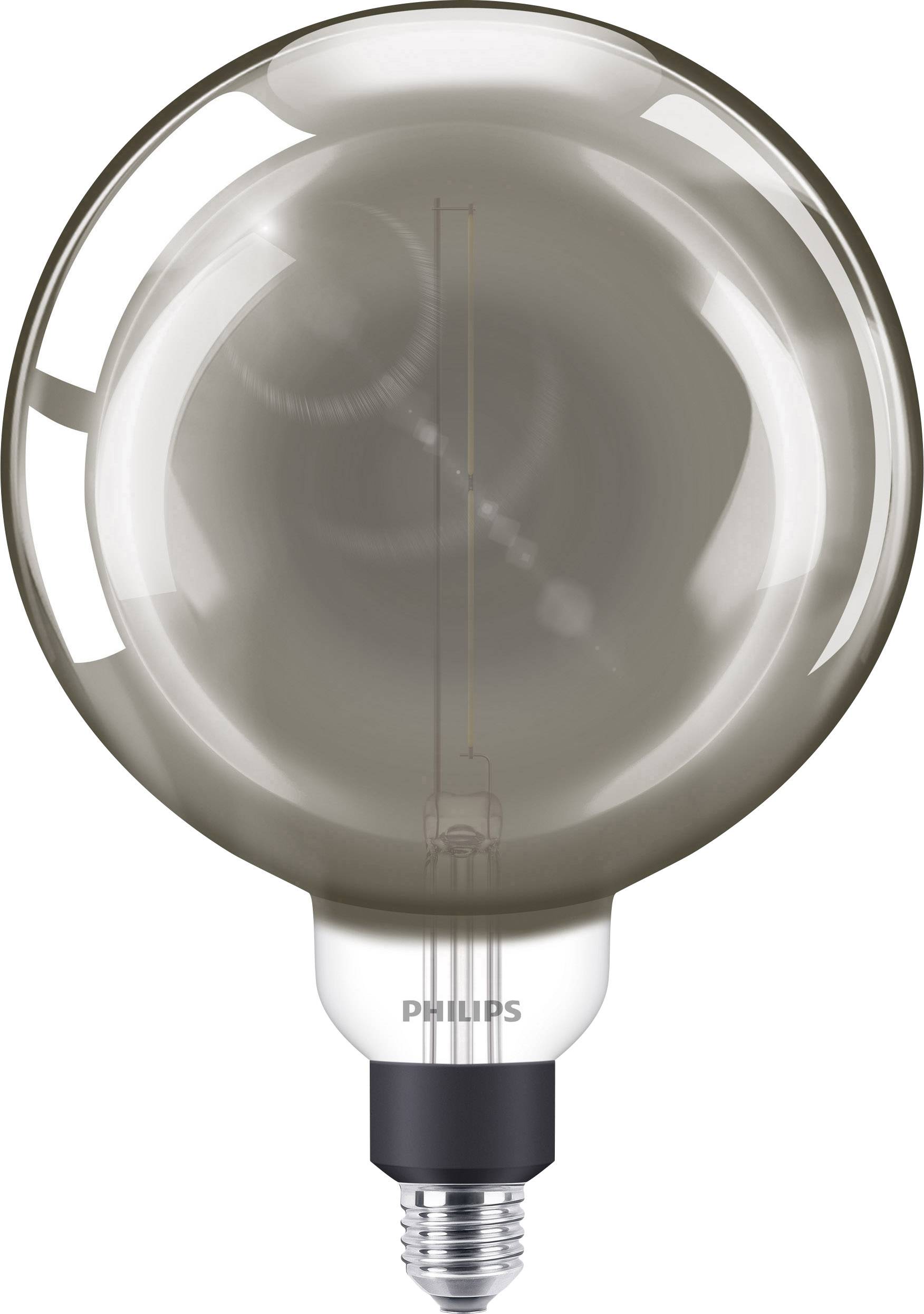 Round light bulb with smoke-grey glass and visible filament. It has a standard E27 socket and is designed for aesthetic purposes.