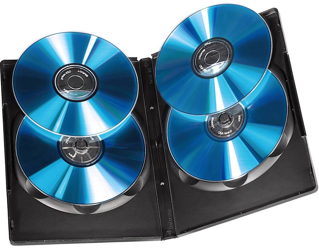 Four blue discs in a black case, opened, with two discs stacked on top of each other on each side.