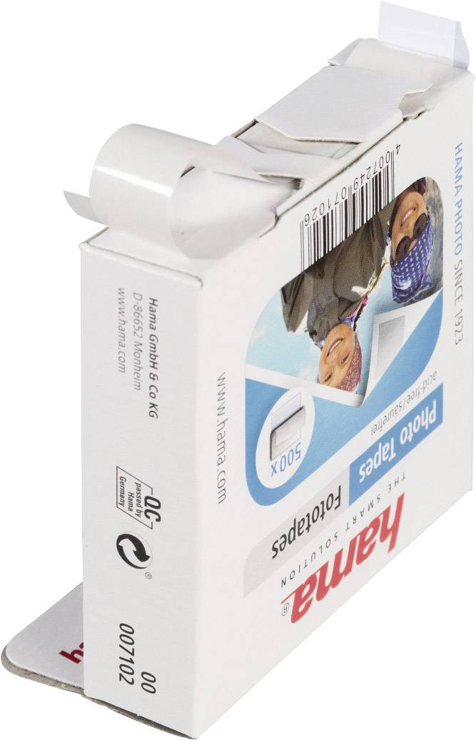 A packaging for photo tapes by the Hama brand, showing two smiling people. Text on the box: '500x Photo Tapes'.