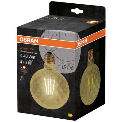 OSRAM LED light bulb, Vintage 1906 Design, 4W power, equivalent to 40W, 470 lumens, E27 screw cap, warm white light. Packaging displays the product.