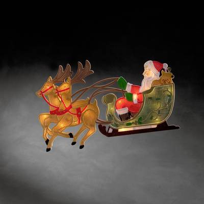 Father Christmas sits in a glowing sleigh, pulled by two reindeer. The background is dark.