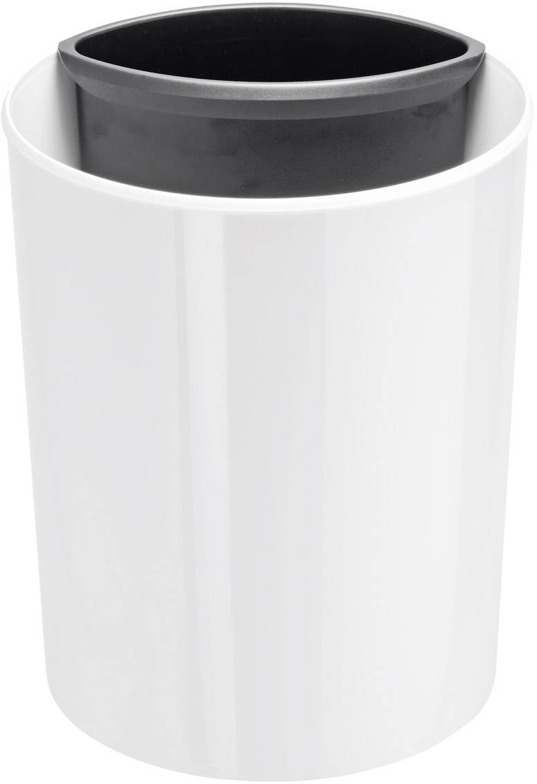 A white, cylindrical rubbish bin with a black interior.