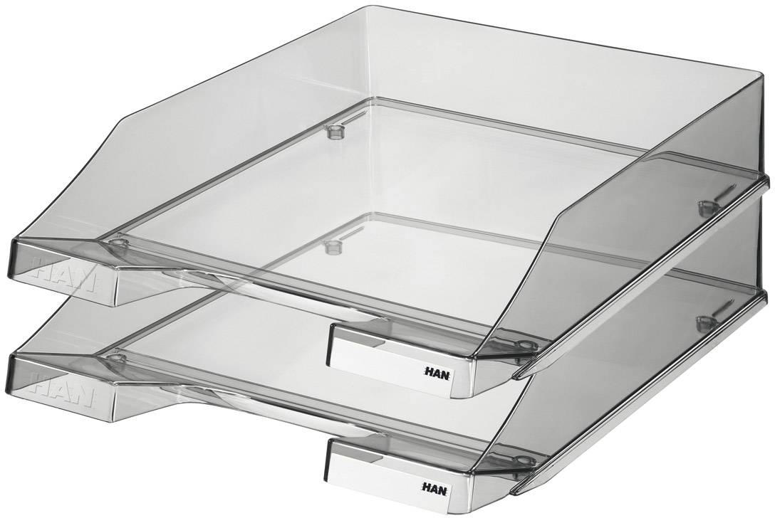 Two transparent plastic document trays, stackable. Suitable for organising documents on a desk.