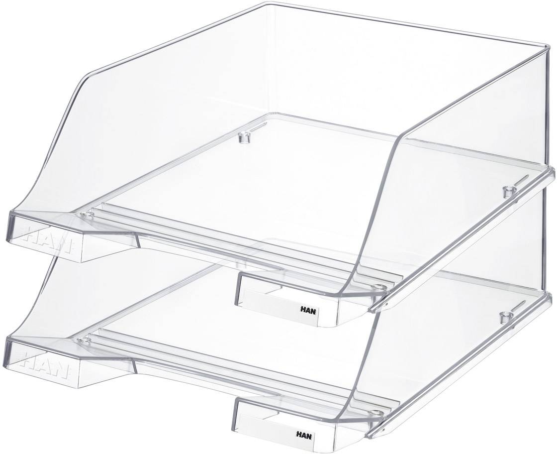 Two overlapping, transparent plastic document trays stacked on a desk for organising paperwork.