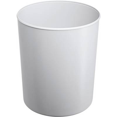 A simple, white wastepaper bin stands upright.