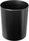 Black, cylindrical plastic waste bin, empty, on a neutral background.