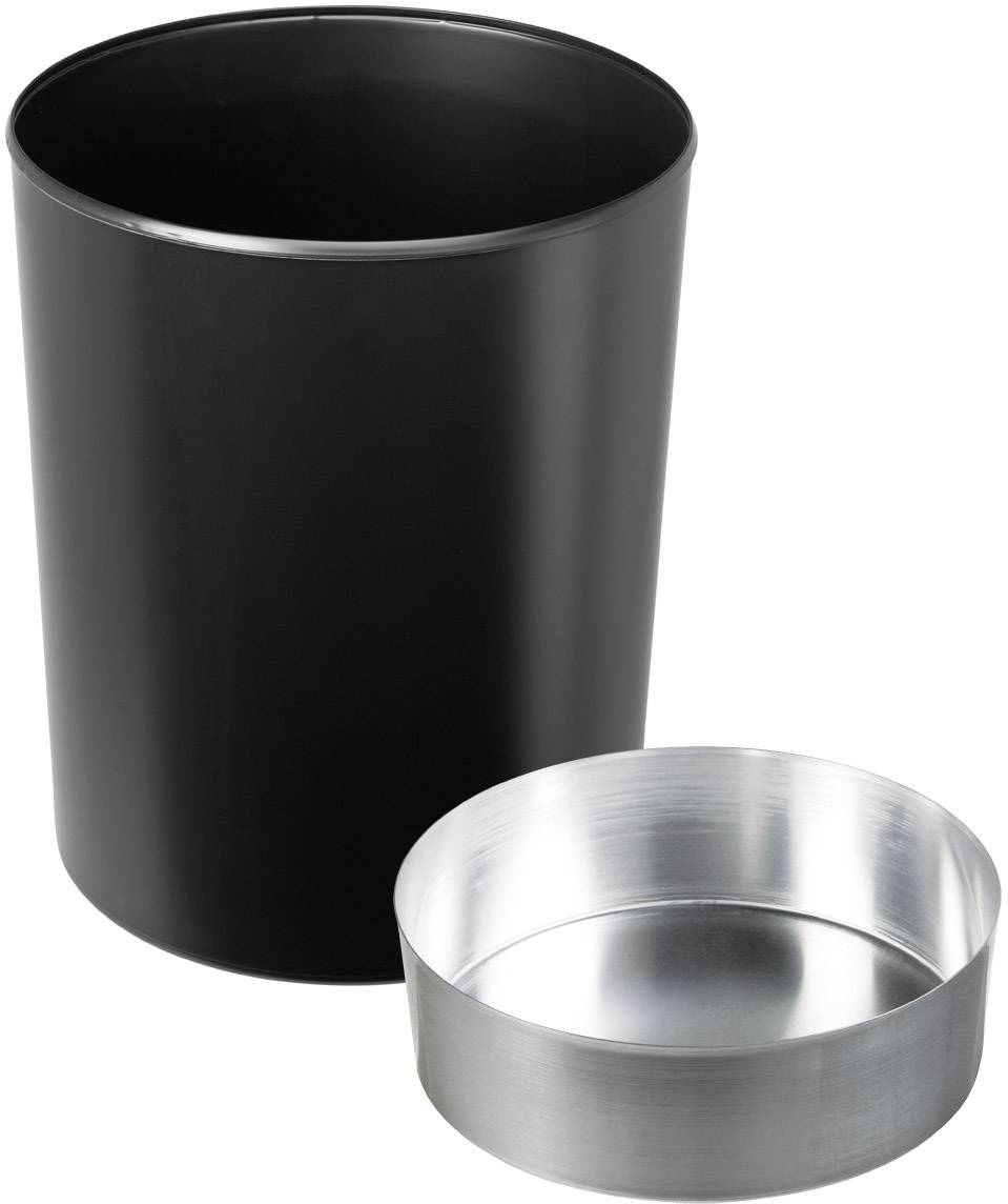 A black, cylindrical waste bin stands next to a silver, flat metal bowl on a neutral background.