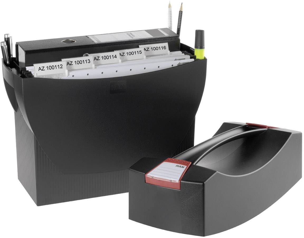 Black lever arch file with dividers and ballpoint pens; next to it a black document wallet or document holder with a red label.