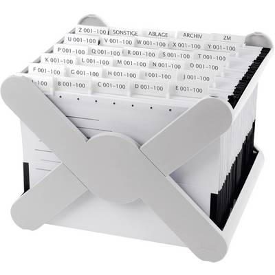 A rotating card index system with alphabetical and numerical index cards for sorting and archiving documents.