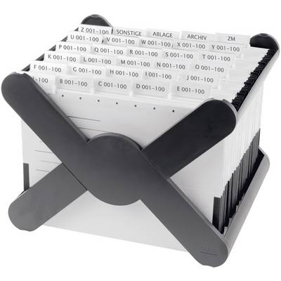 An open index card box with alphabetically arranged dividers from A to Z and additional categories for archiving.