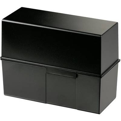 A black plastic storage box with a removable lid, rectangular in shape and with a smooth surface.