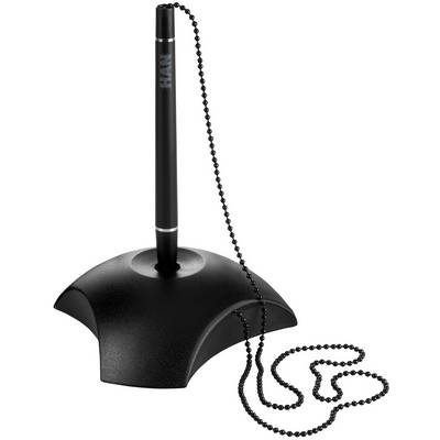 Black and silver ballpoint pen with a chain, attached to a rounded black stand. Perfect for secure placement on counters.
