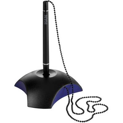 Black ballpoint pen on a black, curved stand, connected with a metal chain.