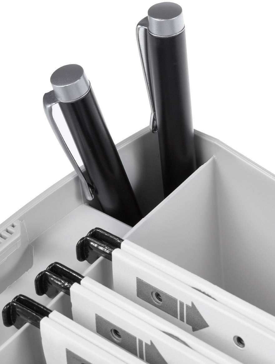 Desk organiser with two black pens and several white folders with arrow markings.