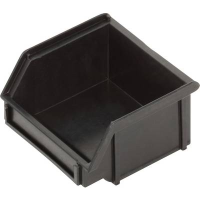 Black plastic storage box with an open side and sloping back, suitable for storing or organising small items.