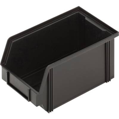'Black plastic storage box with an open front, suitable for storing tools or small items.'