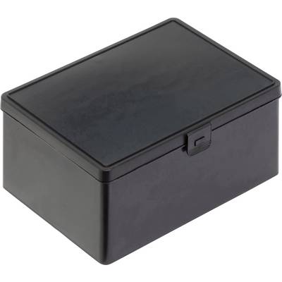 A black, rectangular box with a lid. The lid is closed and has a small fastener in the centre.