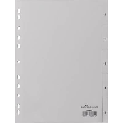 Register pages with punched holes on the left, numbered tabs 1 to 5 on the right. Product name 'DURABLE 6505/10' at the bottom.