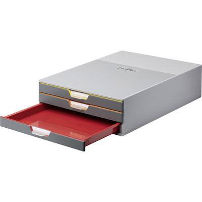 Two grey drawer boxes, the top one with a yellow border, the bottom one with an orange border. The bottom drawer is pulled out and is red inside.