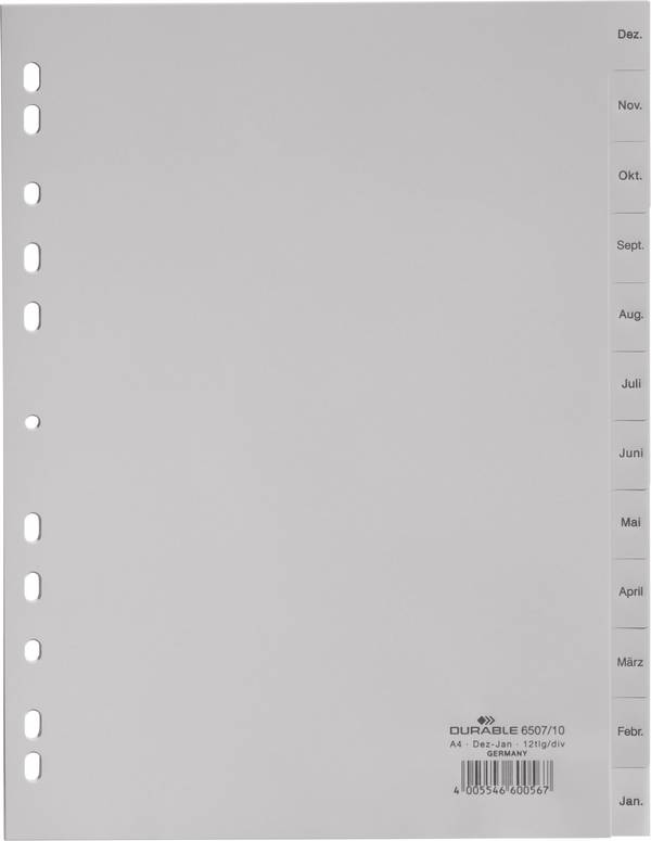 Durable 6507 Index A4 Dec-Jan Polypropylene Grey 12 dividers  embossed tabs 650710