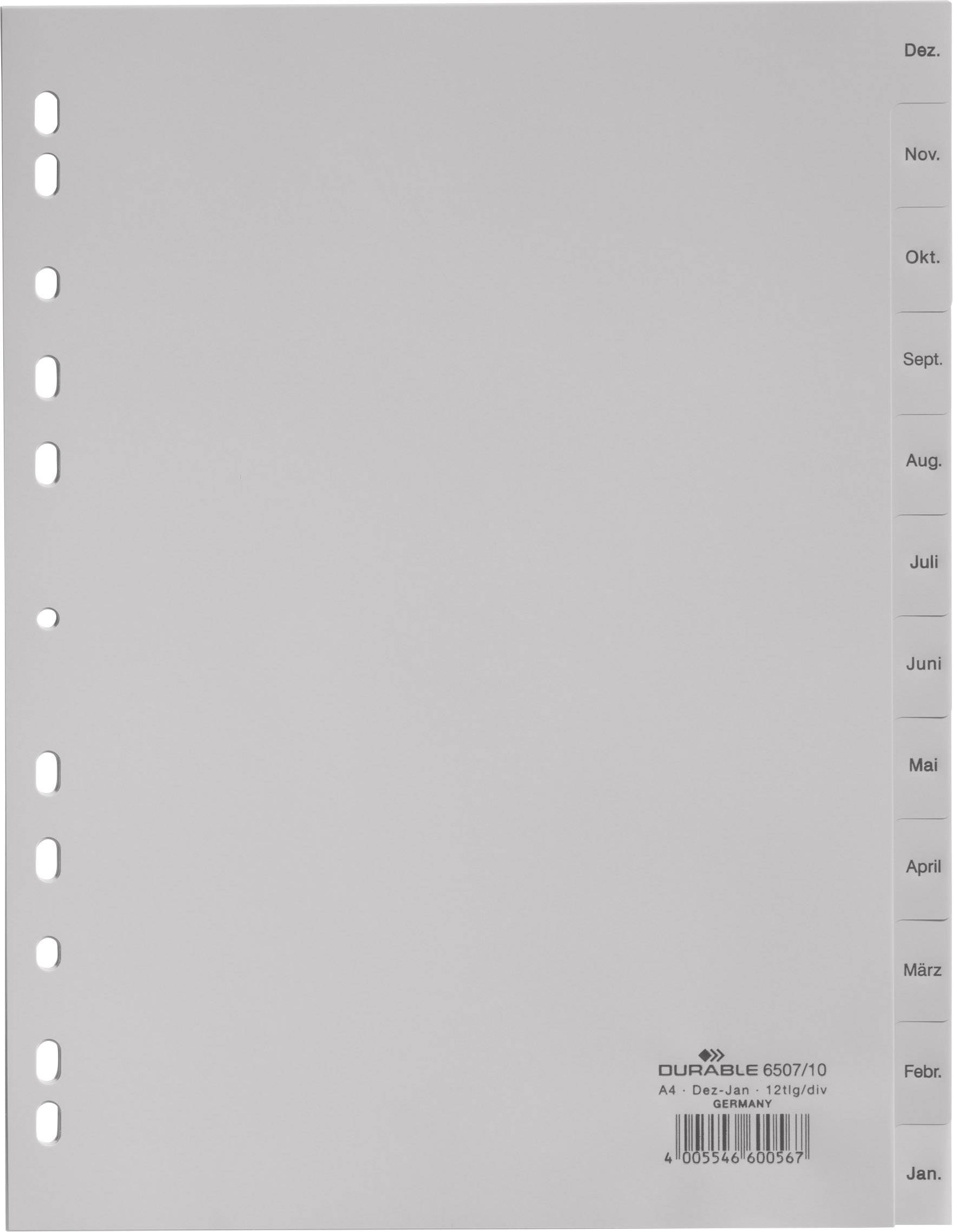 Durable 6507 Month index A4 Dec-Jan Polypropylene Grey 12 dividers embossed tabs 650710