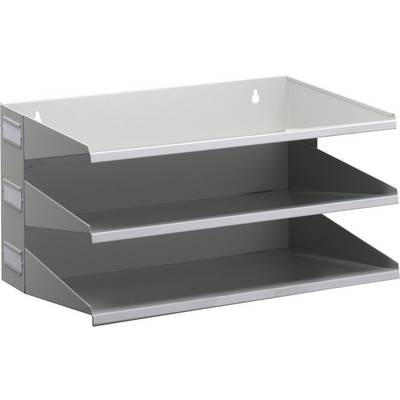 Three-tier metal device holder with an open design, suitable for wall mounting. Ideal for storing smaller items.