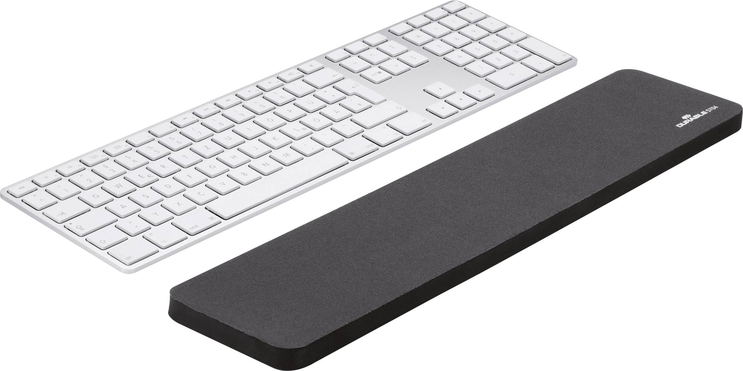 White, wireless computer keyboard with a black wrist rest on a white background.
