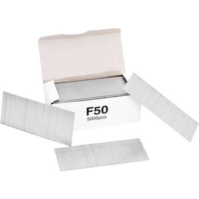 An open box of staples, labelled 'F50 5000pcs'. Three staple strips are lying outside the box.
