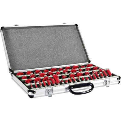 Silver metal case with red router bits in various sizes, arranged in foam inserts. Suitable for woodworking or metalworking.