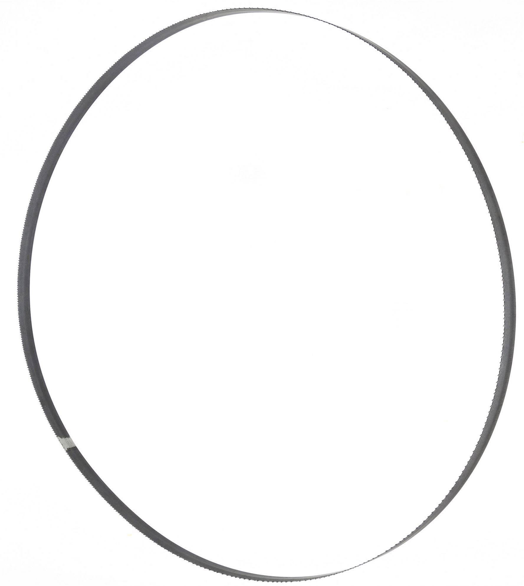 A metal bandsaw blade in ring form, suitable for cutting materials such as wood or metal.