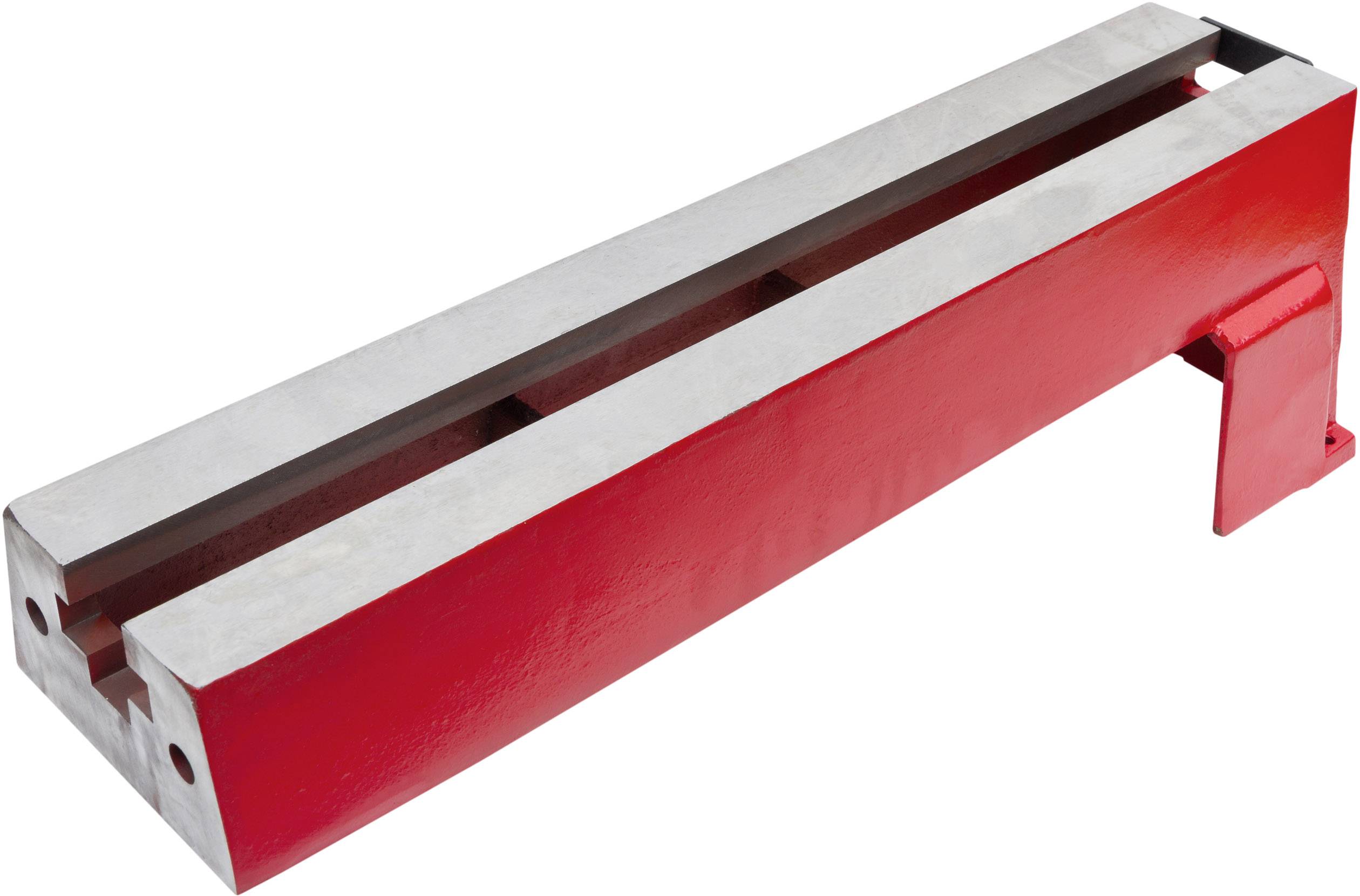 Red, rectangular metal part with openings at the ends, possibly part of a larger machine construction or equipment.