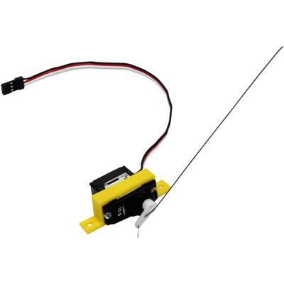 A servo motor with a yellow mounting bracket and a long metal lever, connected to a red and black cable with a plug.