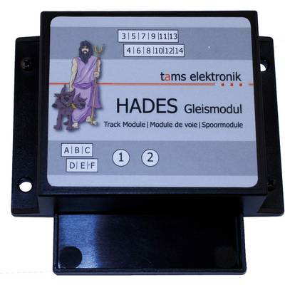 A black Tams Elektronik HADES track module with an image of a figure holding a staff and a dog beside them.