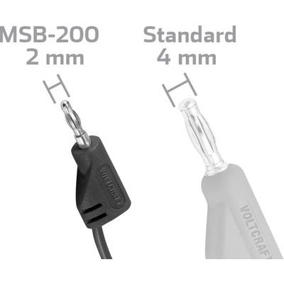 'Voltcraft' brand. Comparison of banana plug sizes: left MSB-200, 2 mm; right Standard, 4 mm. Both plugs shown.
