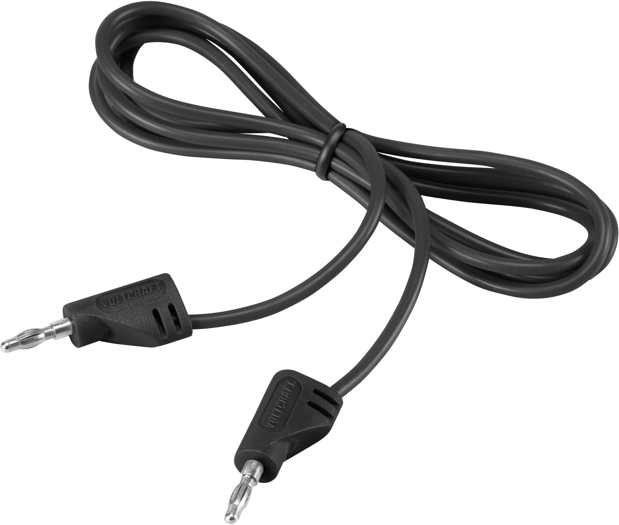 A black audio cable with two 3.5 mm plugs, slightly coiled in the middle.