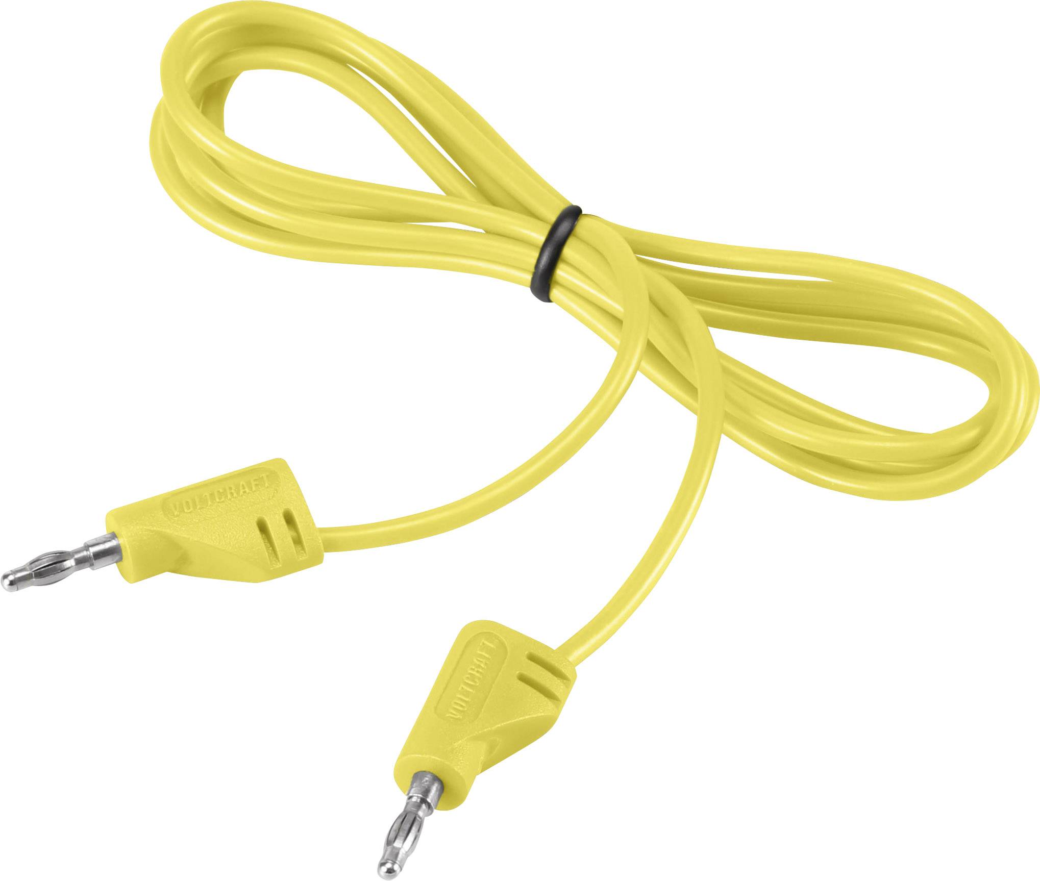 A yellow audio cable with two 3.5 mm plugs held together by a black band.
