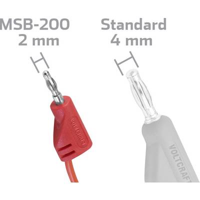 Rote MSB-200 safety connector with 2 mm plug compared to standard 4 mm plug, both with Voltcraft brand.
