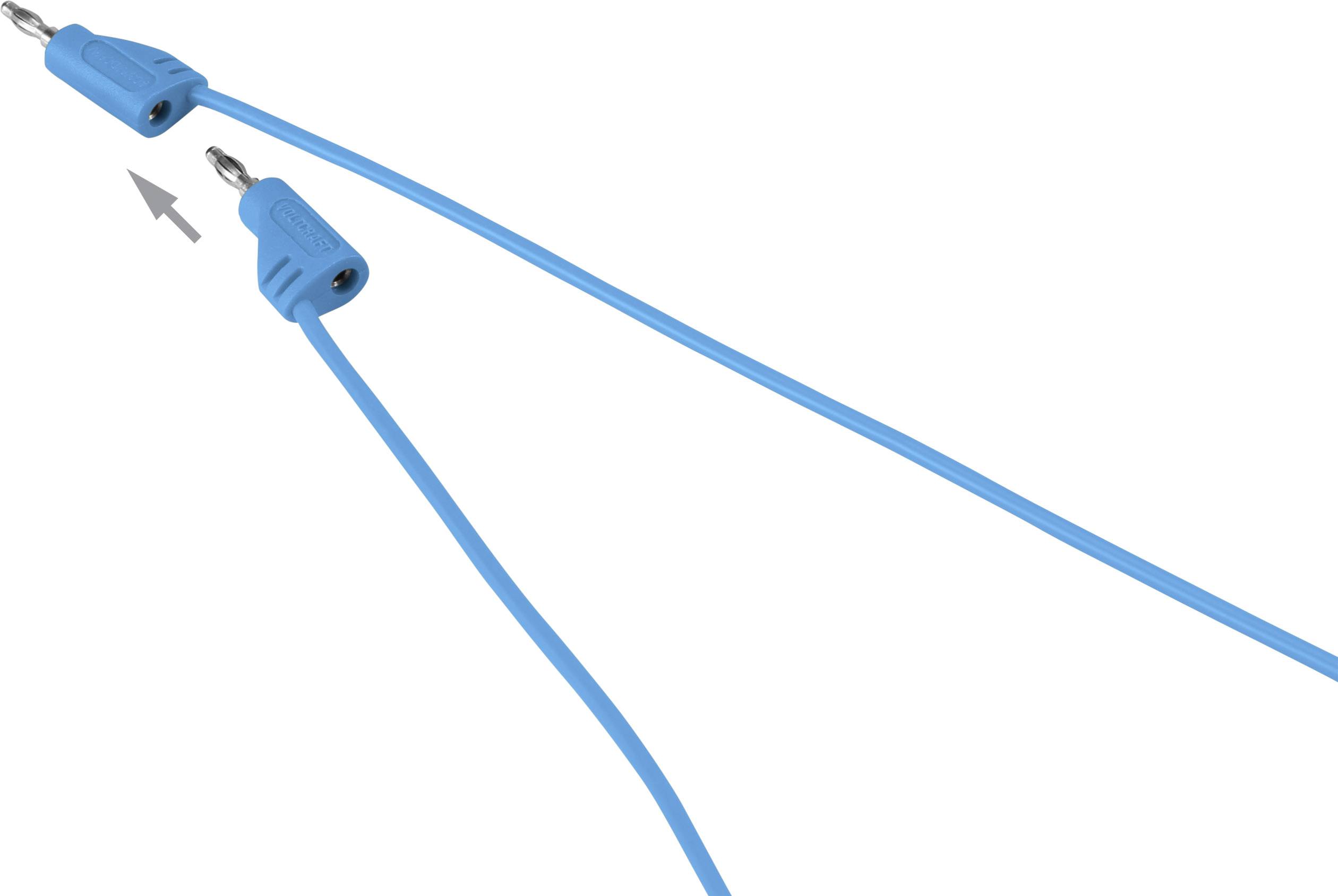 Two blue audio cables with metal connectors. One pointing upwards, the other downwards. An arrow indicates the upper cable.