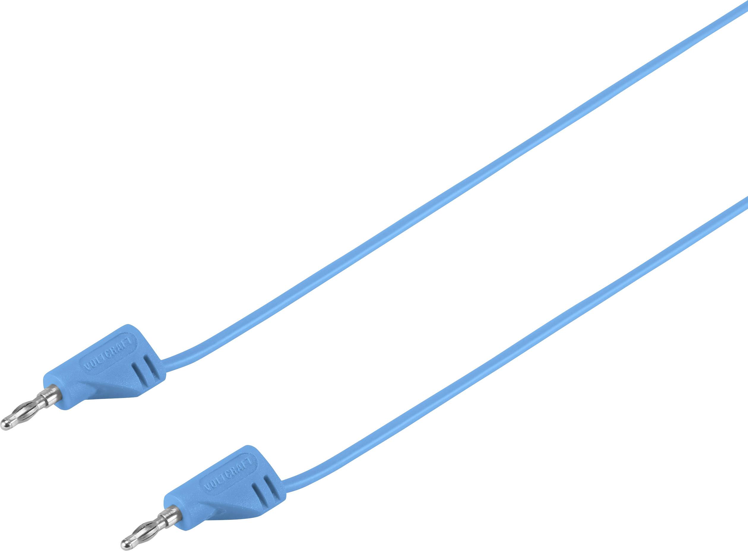 Blue banana plug cables with straight connectors at both ends, typically used for electrical connections.
