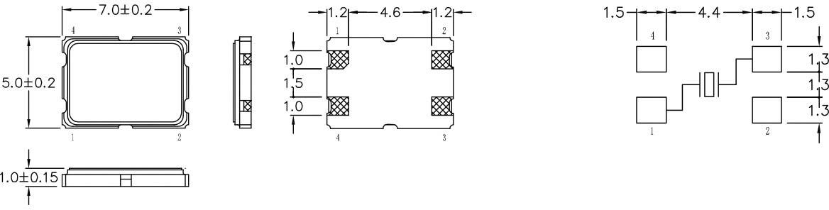 Technical drawing of a rectangular electronic component with dimensions. Shows top view and side view with precise measurements.
