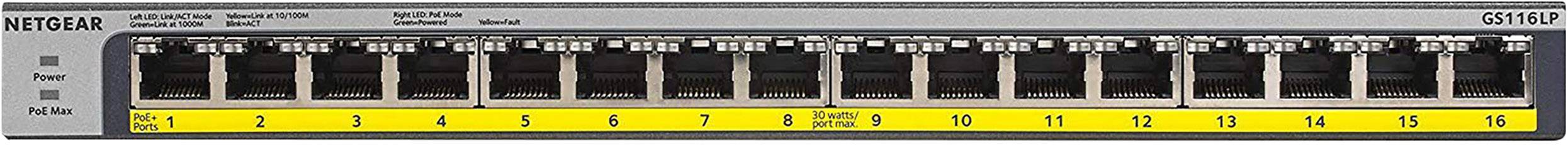 A 16-port Netgear Ethernet switch with ports 1 to 16 highlighted in yellow. Three status lights: power, network, and active.
