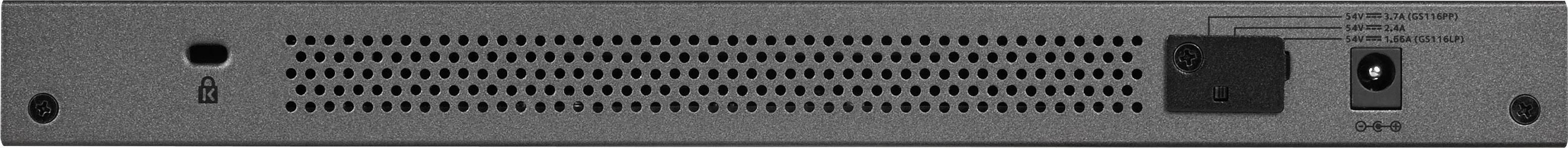 Back of an electronic device with ventilation slots, power connection, and security lock mount on the left side.