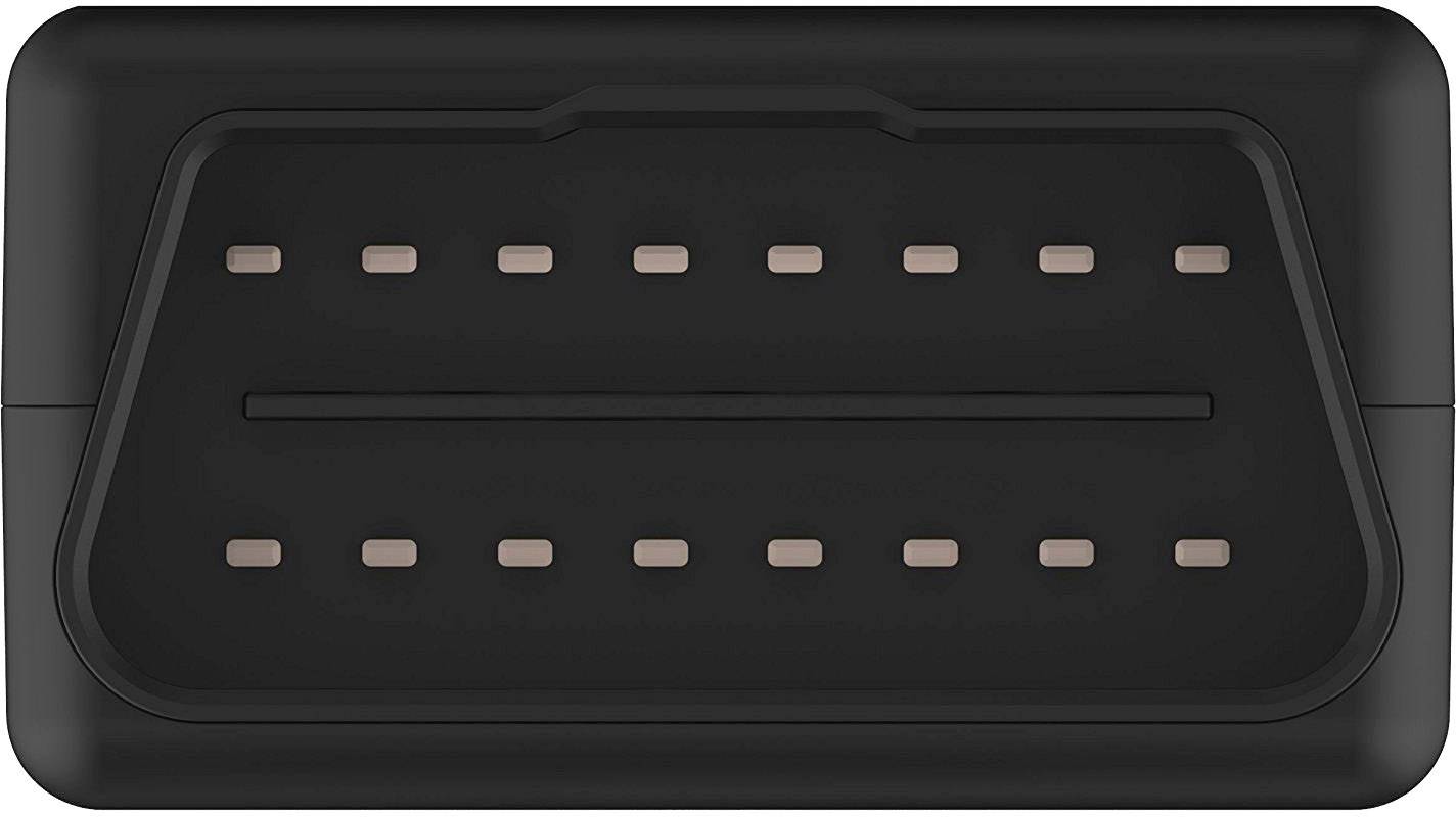 A rectangular, black device with a row of small, evenly distributed rectangles in the middle, presumably a technical component.