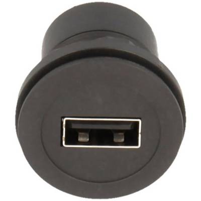 A close-up of a black round USB-A socket.