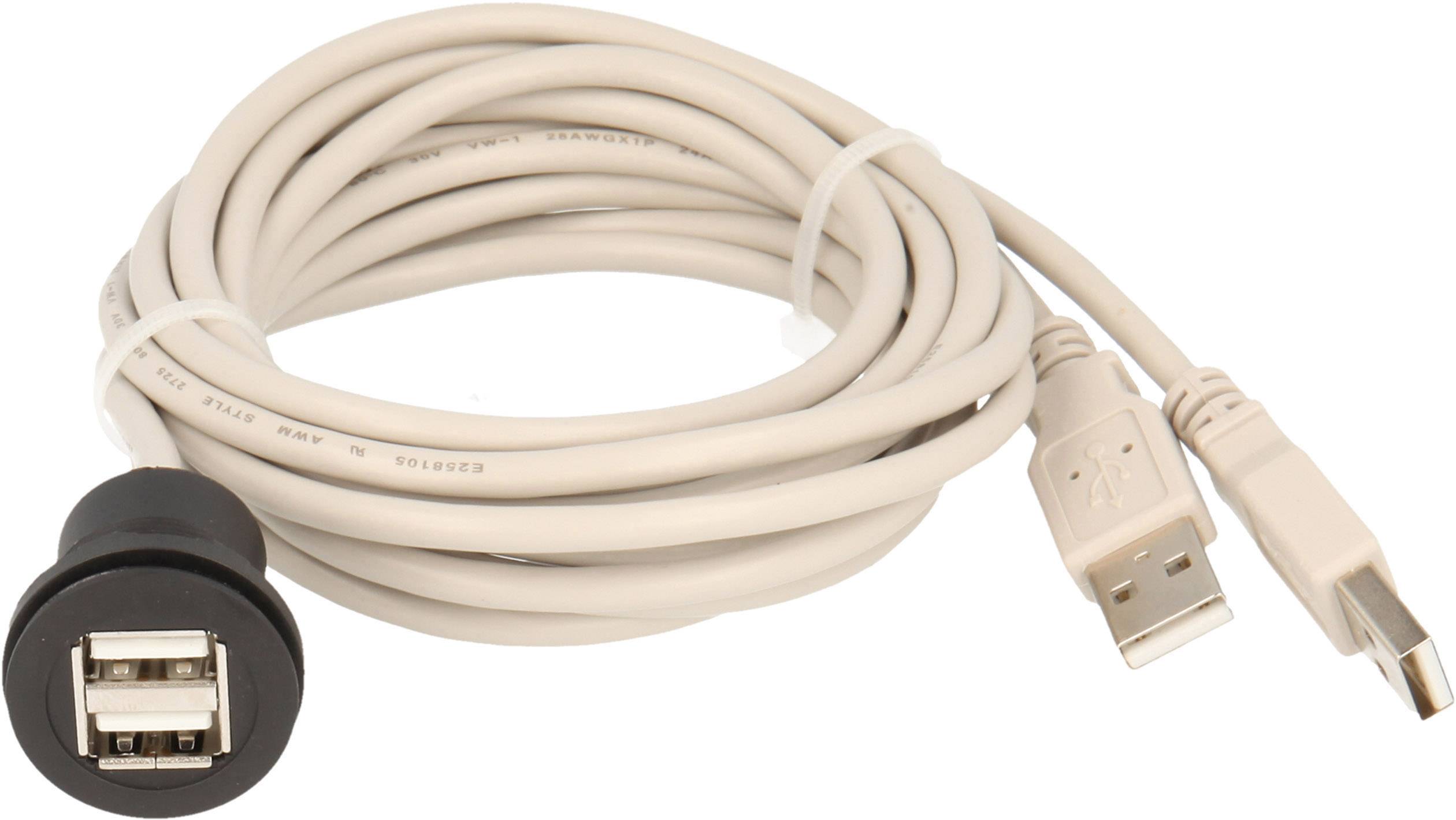 A beige USB extension cable shows two USB ports and a male plug with a round, black holder.