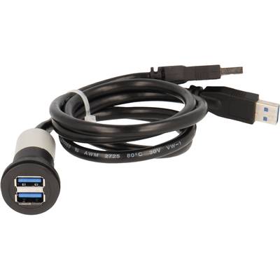 A black USB 3.0 cable with two connectors. The large plug is facing forward, with the flat USB connector visible.