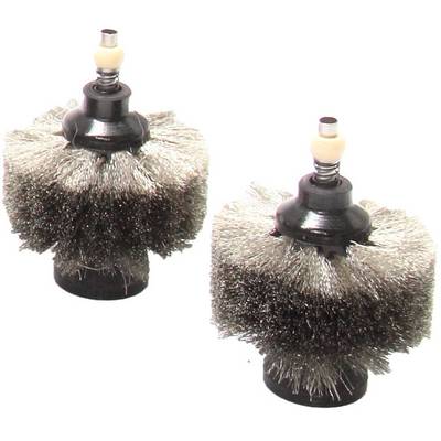 Two rotating wire brushes with metal bristles on a black base, suitable for cleaning or grinding work.