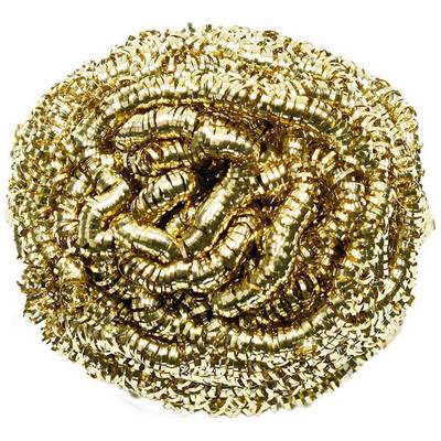 Gold-coloured pan scourer made from metal spirals, bundled together.