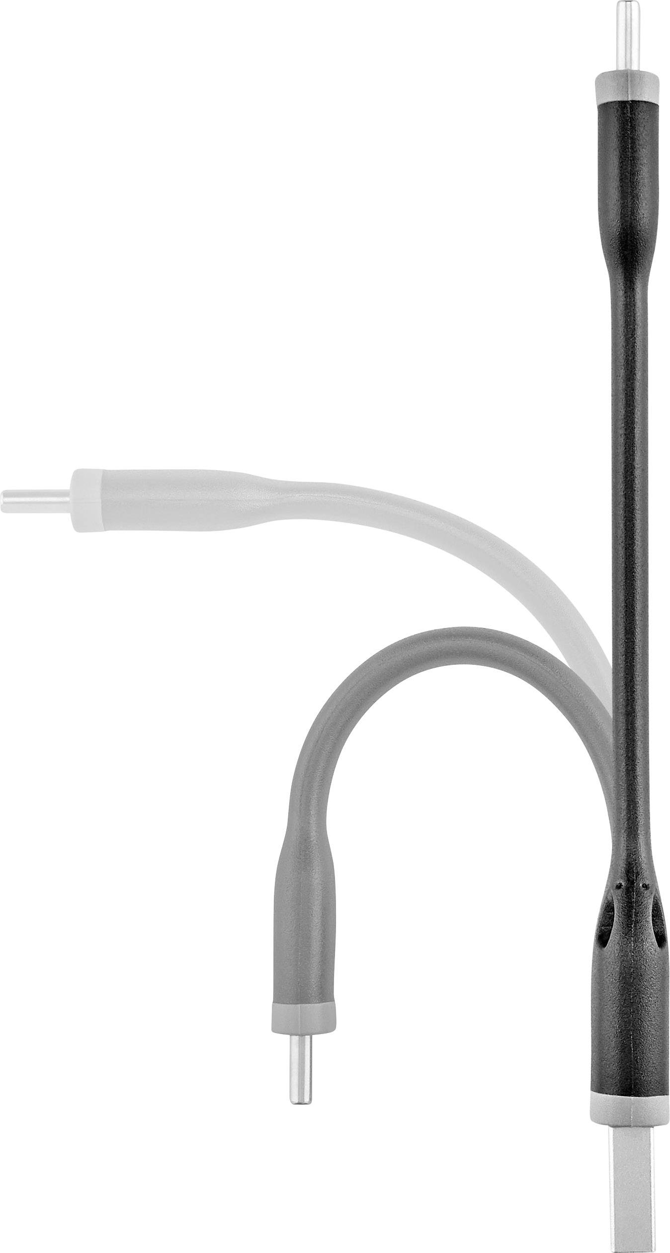 Three curved charging cables in various colours (white, grey, black) are shown side by side, demonstrating flexibility.
